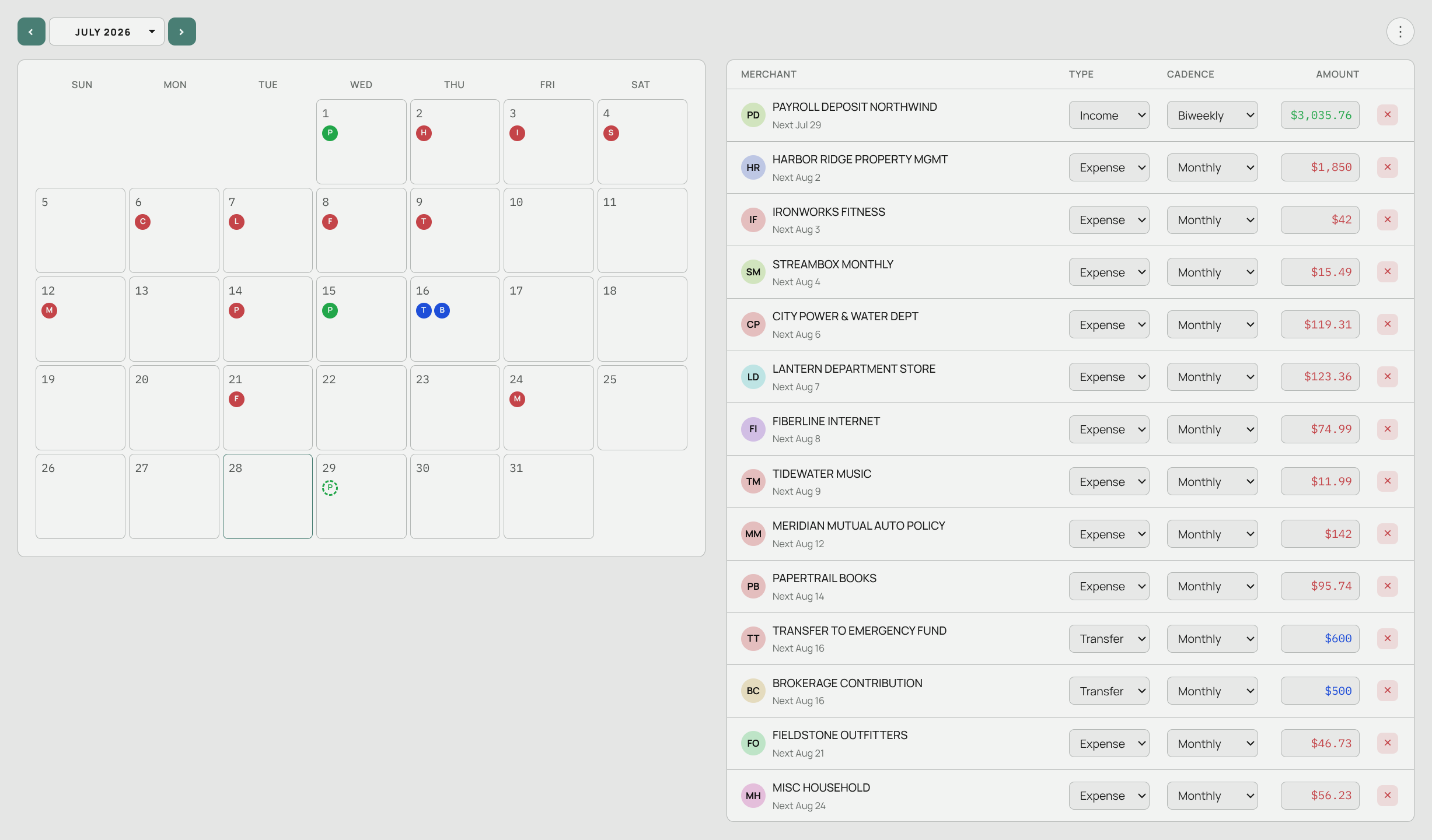 Aventurine's Recurring page listing detected subscriptions, bills and transfers with their cadence and next due date, beside a month calendar