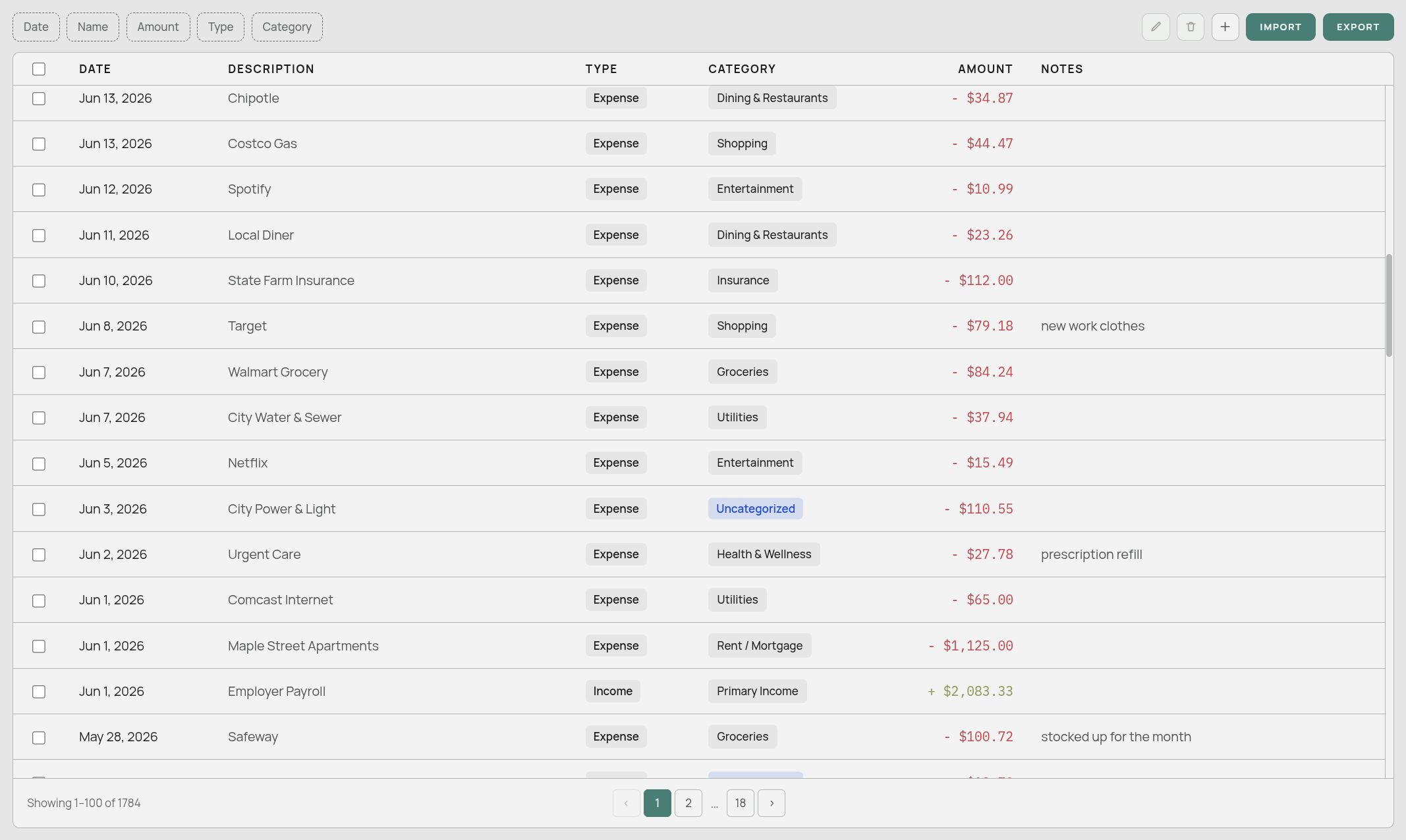 The Aventurine transactions ledger with imported, auto-categorized transactions
